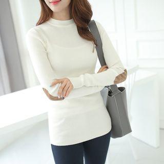 Mock-neck Elbow-patch Ribbed T-shirt