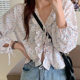 Long-sleeve Ruffled Floral Print Blouse Floral - One Size