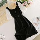 V Neckline Mesh Puff-sleeve Dress Black - One Size