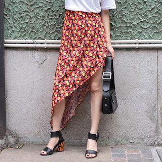 Floral Print Diagonal Hem Chiffon Midi Skirt