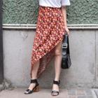 Floral Print Diagonal Hem Chiffon Midi Skirt