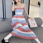 Spaghetti-strap Color Block Dotted Midi Sheath Dress