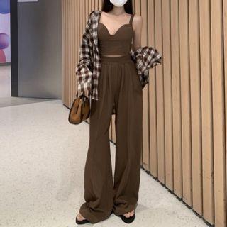 Plaid Shirt / Cropped Camisole Top / Wide Leg Pants