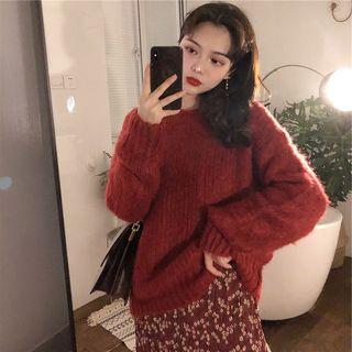 Flower Print Long-sleeve Midi A-line Dress / Plain Sweater / Set