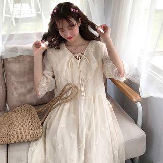 Elbow-sleeve Embroidered Chiffon Midi Dress Almond - One Size