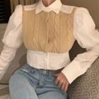 Puff-sleeve Cable Knit Panel Cropped Blouse