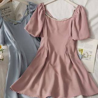 Boatneck Pearl-trim Mini Dress