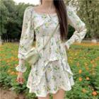 Puff-sleeve Floral Print A-line Dress Floral Print - Yellow & Green - One Size