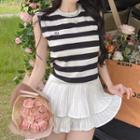 Sleeveless Striped Knit Top / Layered Mini A-line Skirt