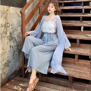 Wide-strap Top / Wide-leg Pants / Chiffon Long Jacket