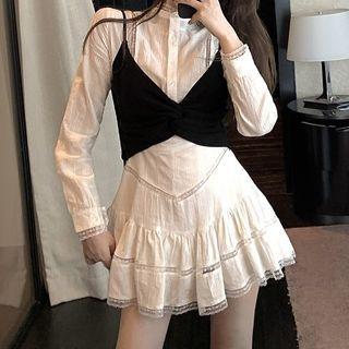 Lace Trim Long-sleeve Mini A-line Dress / Cropped Camisole Top