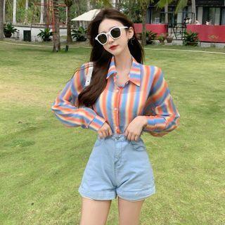 Gradient Stripe See-through Crop Chiffon Shirt