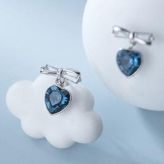 Heart Rhinestone Bow Sterling Silver Earring 1 Pair - Silver & Blue - One Size