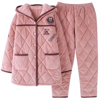 Loungewear Set: Long-sleeve Quilted Hooded Top + Pants