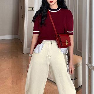 Short-sleeve Contrast Trim Knit Top Red - One Size