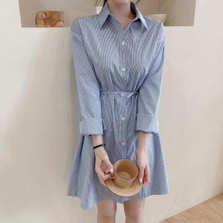Long-sleeve Pinstriped Mini Shirt Dress