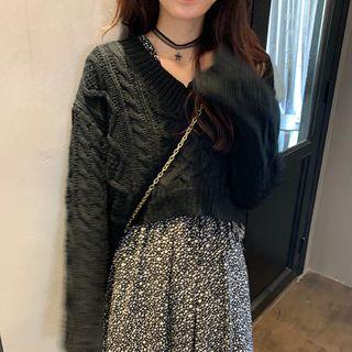 Tie Back Cable-knit Sweater / Floral Long-sleeve Midi A-line Dress