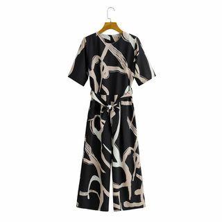 Short-sleeve Print Wide-leg Jumpsuit