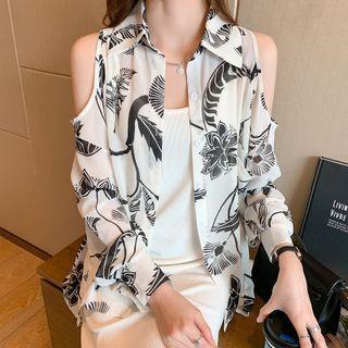 Cold-shoulder Flower Print Shirt