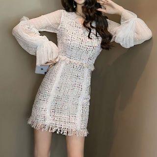Mesh-sleeve Fringed Tweed Mini Sheath Dress
