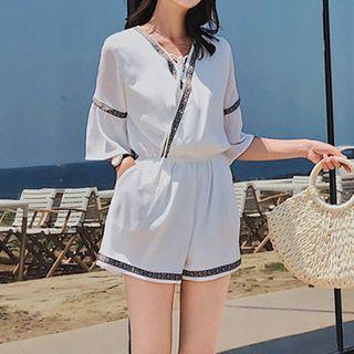 Elbow-sleeve Patterned Panel Playsuit