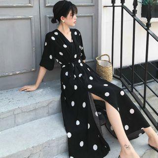 Elbow-sleeve Dotted V-neck A-line Mini Dress