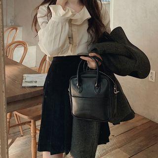 Ruffle Trim Blouse / High-waist Pleated Mini A-line Skirt
