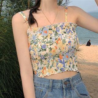 Flower Print Cropped Camisole Top White & Blue - One Size