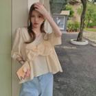 Elbow-sleeve Bow Front Top Light Beige - One Size