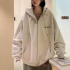 Letter Embroidered Hooded Oversize Zip Jacket / Striped Long-sleeve T-shirt