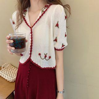 Short-sleeve Embroidered Cardigan White - One Size