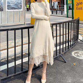 Lace Trim Rib Knit Midi Dress