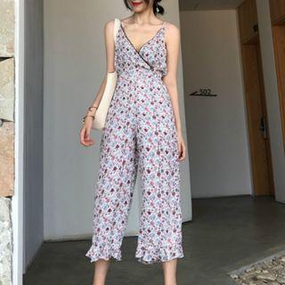 Floral Print V-neck Wide Leg Jumpsuit
