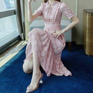 Short-sleeve Tie-neck Ruffled A-line Midi Dress