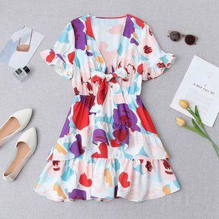 Short-sleeve Ruffled Color Block Mini A-line Dress