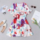 Short-sleeve Ruffled Color Block Mini A-line Dress