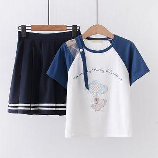 Set: Short-sleeve Elephant Print T-shirt + A-line Skirt