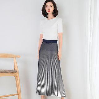 Set: Short-sleeve Knit Top + Striped Midi A-line Knit Skirt