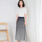 Set: Short-sleeve Knit Top + Striped Midi A-line Knit Skirt