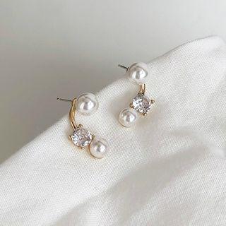 925 Sterling Silver Faux Pearl Rhinestone Earring 1 Pair - One Size