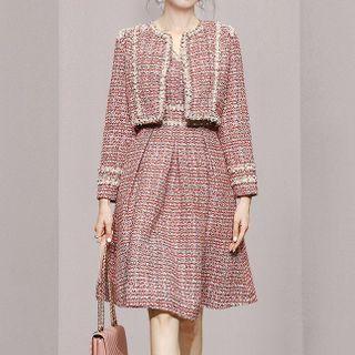Set: Cropped Open-front Tweed Jacket + Sleeveless A-line Dress