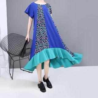 Dotted Panel Short-sleeve Midi A-line Dress As Shown In Figure - One Size