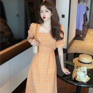 Square Neck Plaid Midi A-line Dress