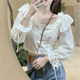 Ruffle Button-front Cropped Lace Blouse