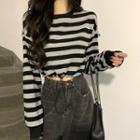 Striped Drawstring Cropped Pullover