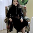 Set: Mock-neck Button-up Knit Top + Midi A-line Skirt