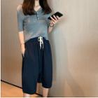 Set: Short Sleeve V-neck Plain Top + Drawstring Sport Shorts