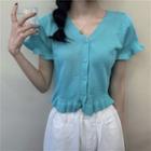 Short-sleeve Frill Trim Buttoned Knit Crop Top