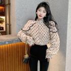 Long-sleeve Dotted Frill Trim Blouse Almond - One Size