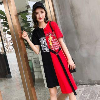 Short-sleeve Printed Asymmetric Hem Dress